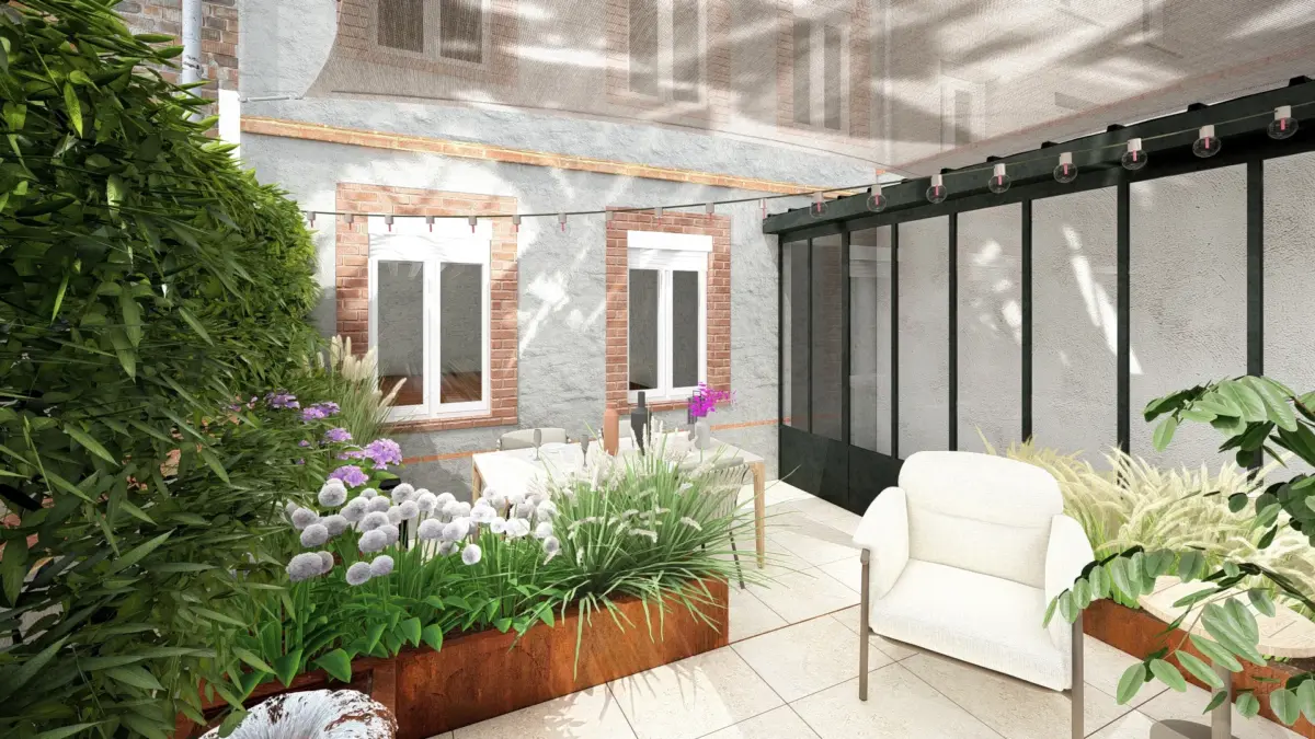 Conception 3D : Réalisation de patio urbain avec voile d'ombrage en Occitanie