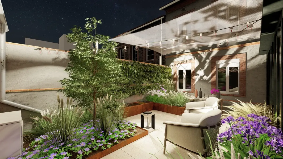 Conception 3D : Aménagement de patio pavé avec voiles d'ombrage et briques dans le Tarn