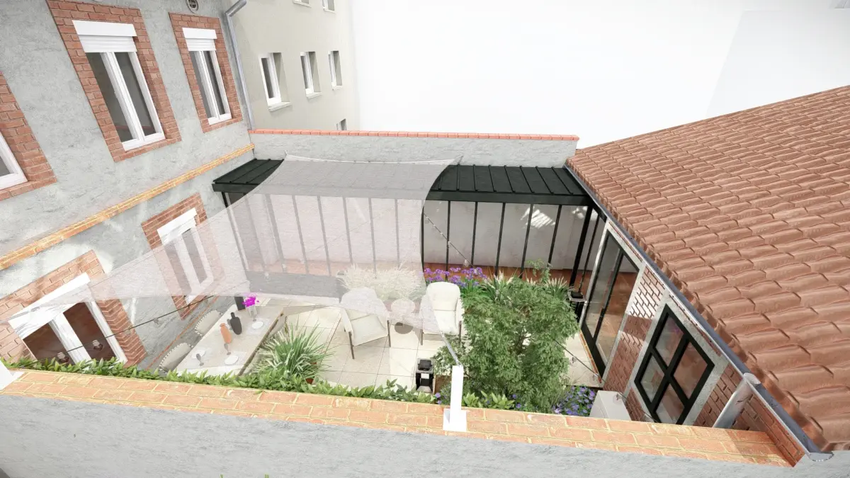 Conception 3D : Aménagement de patio avec voile d'ombrage et mobilier repas à Muret