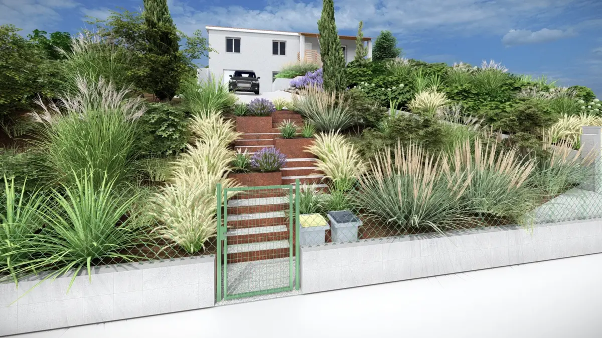 Conception 3D : Aménagement de talus paysager avec escalier et acier Corten à Lavaur