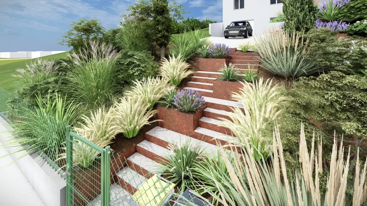 Conception 3D : Réalisation de jardin en pente avec marches en pierre et Corten dans le Tarn