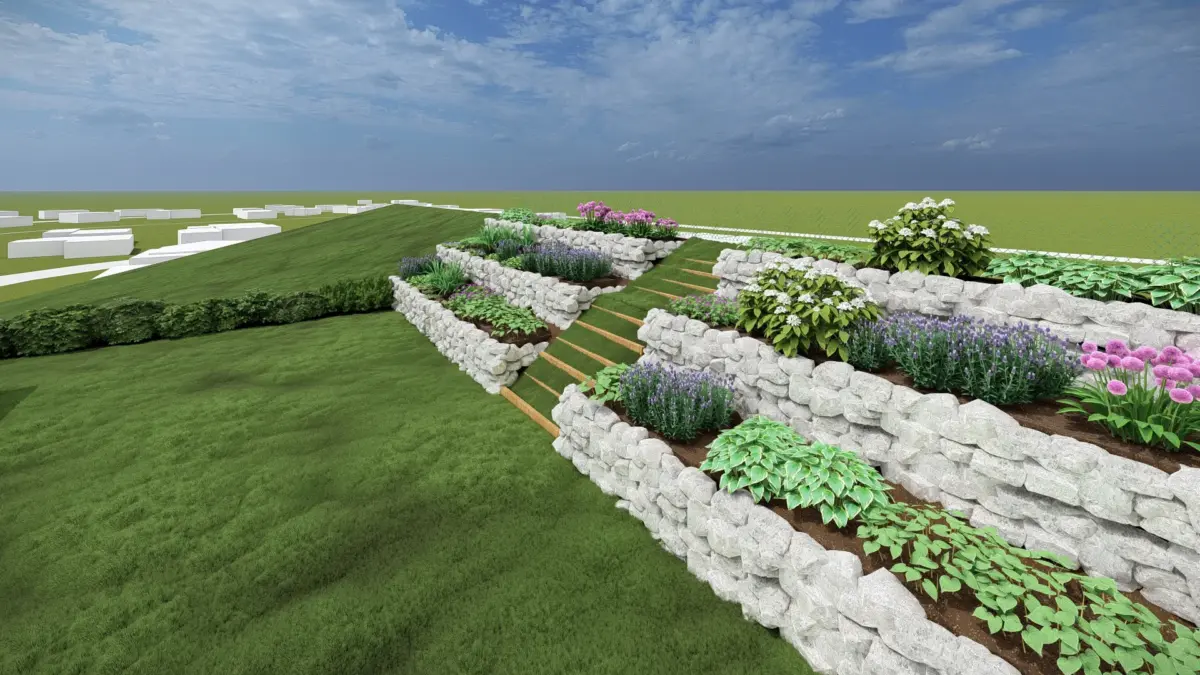 Conception 3D : Réalisation de talus en terrasses de pierre sèche dans le Gers