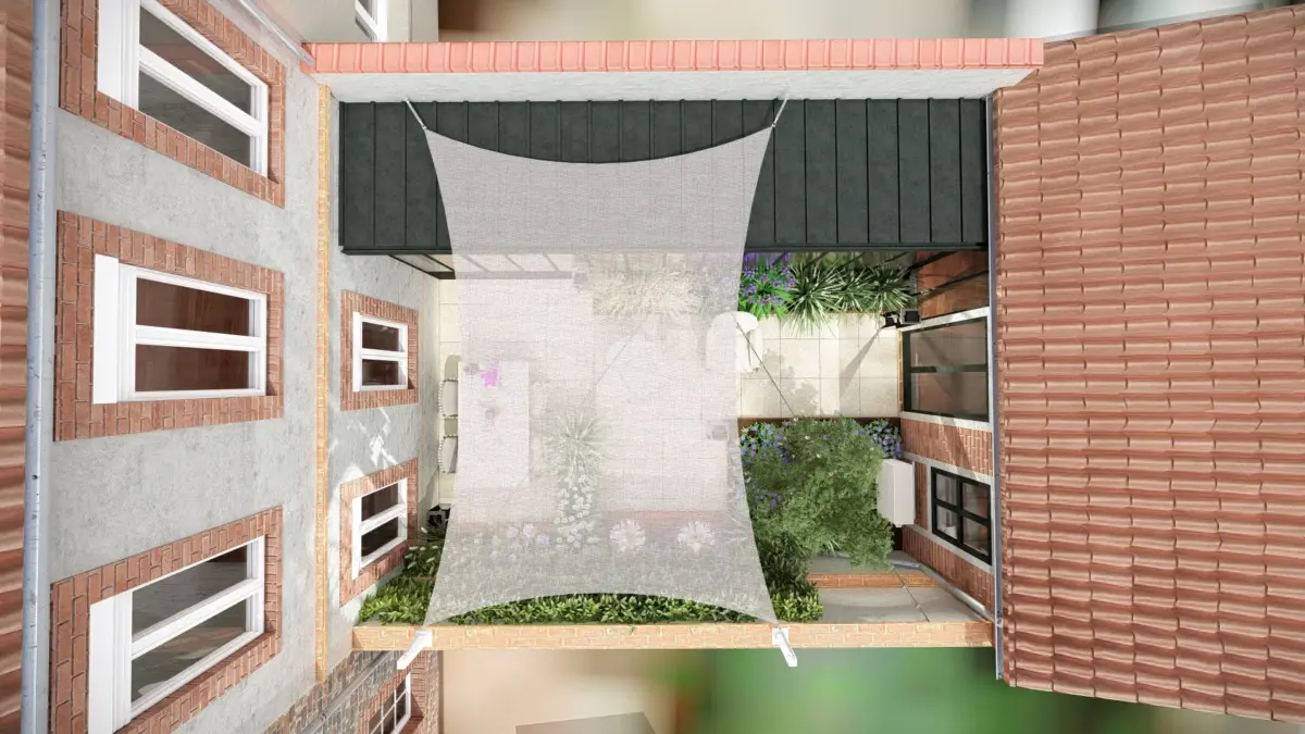 Conception 3D : Rénovation de cour intérieure en terrasse dalles et bois à Blagnac
